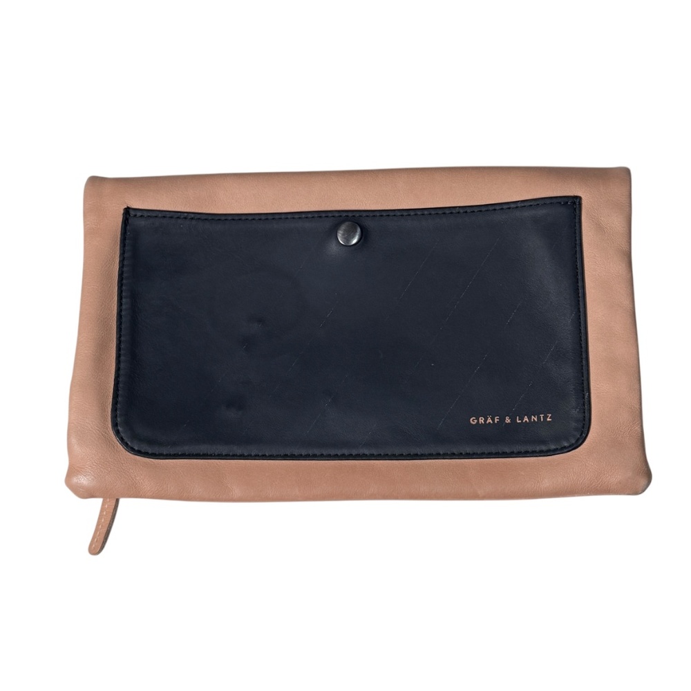 Graf and Lantz Foldover Beige and Black Leather clutch with zipper/ snap/ pocket